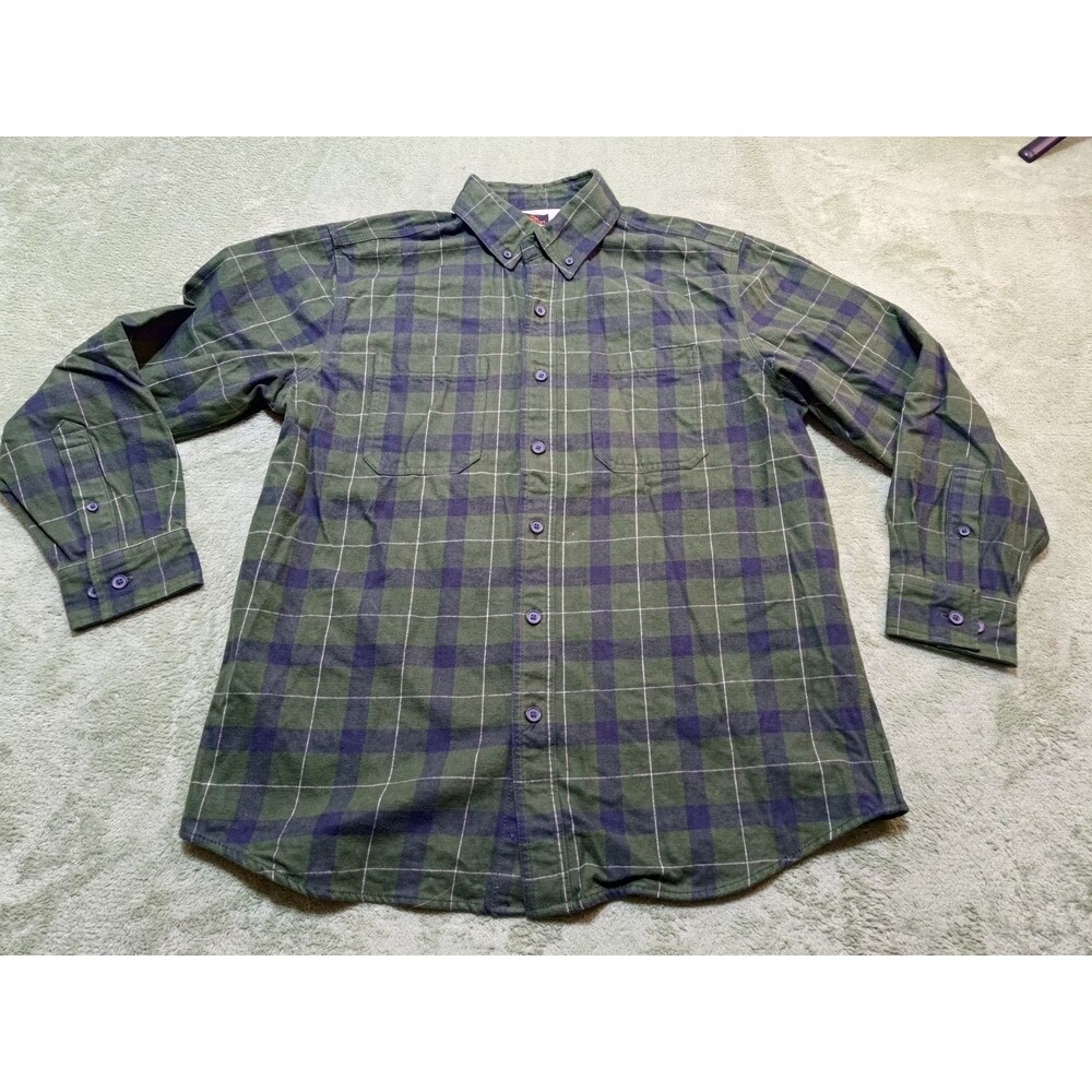 Ridgecut Men L Heavyweight Flannel Green Work Shirt Plaid Button Down Workwear
